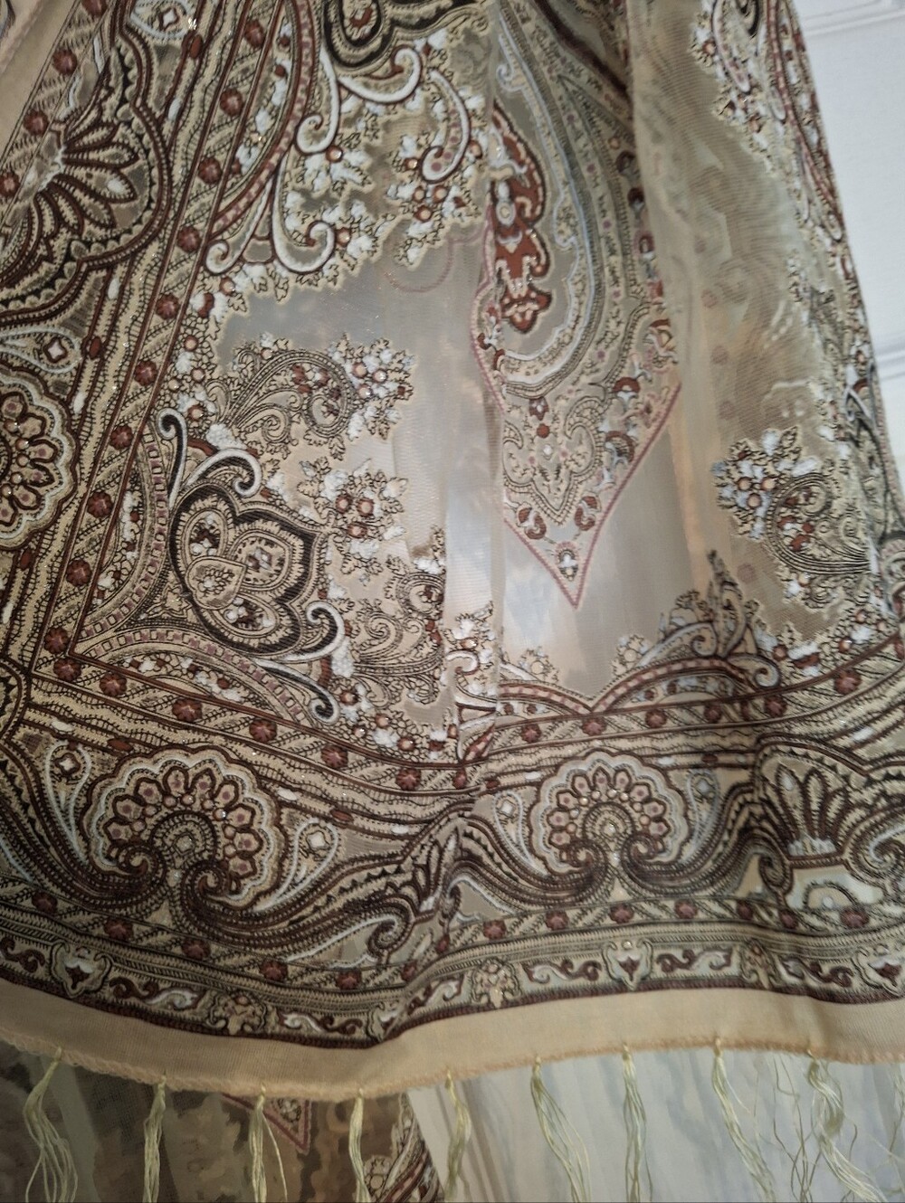 Stunning Beige Paisley Sheer Fringe Scarf With A Touch Of Sparkle